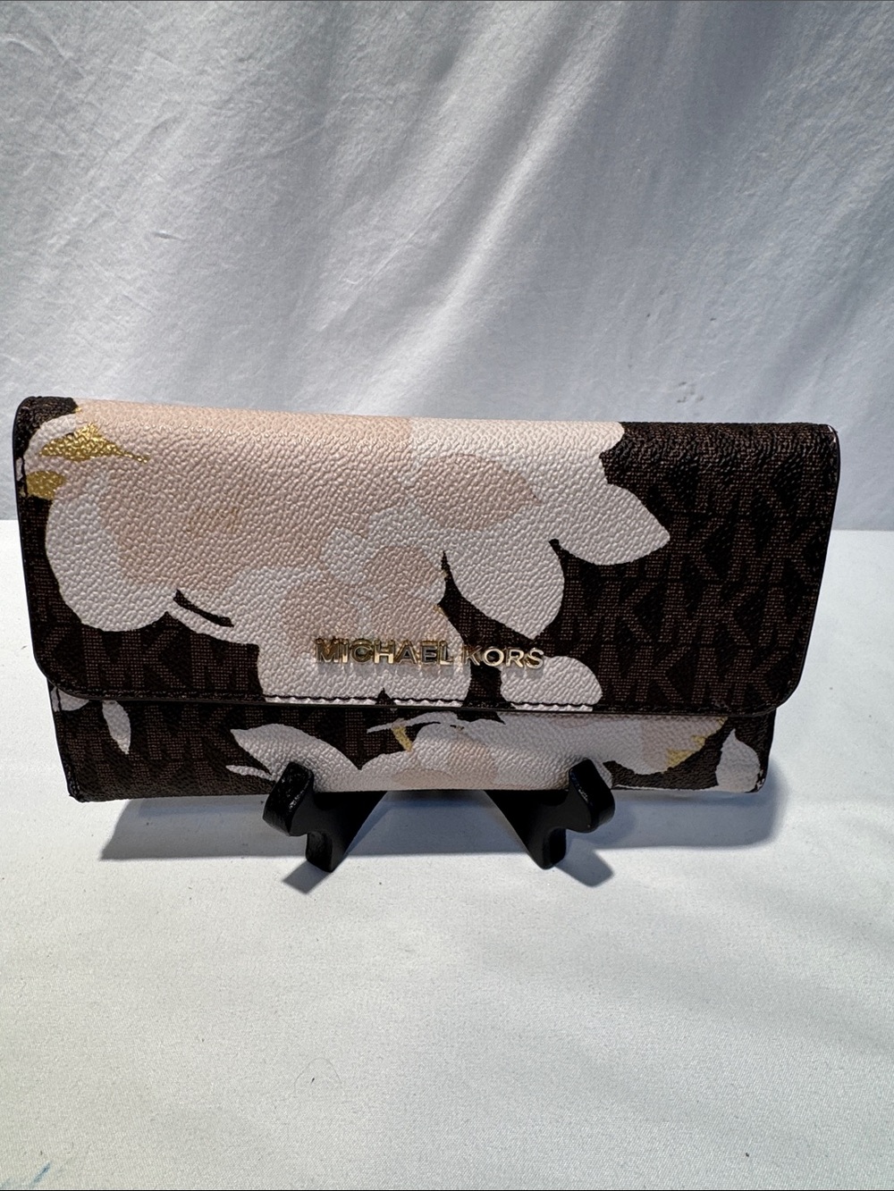 Michael Kors Brown Floral Logo-Print Wallet with Pale Pink Accents